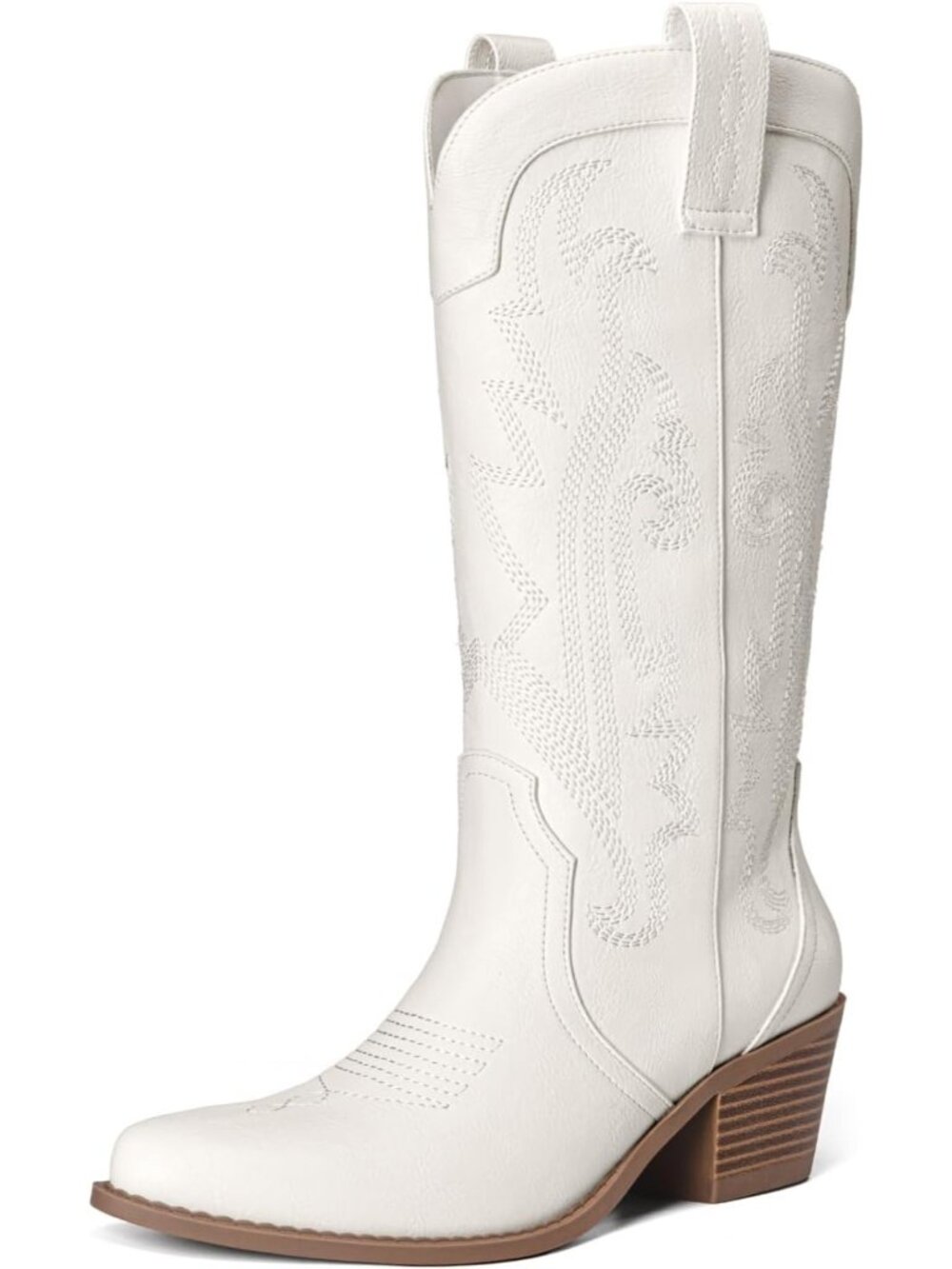 Women's White Embroidered Western Cowboy Boots Fashion Pointed Toe Chunky Heel